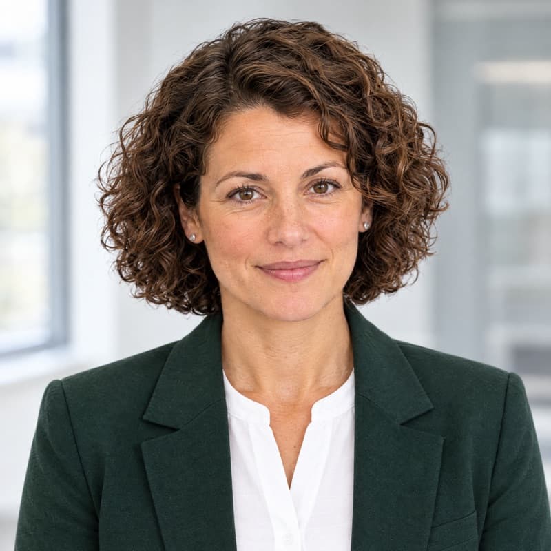 Eine Case Managerin mit dunklen Locken und dunkelgrünem Blazer schaut der Betrachterin oder dem Betrachter ruhig und aufmerksam entgegen.