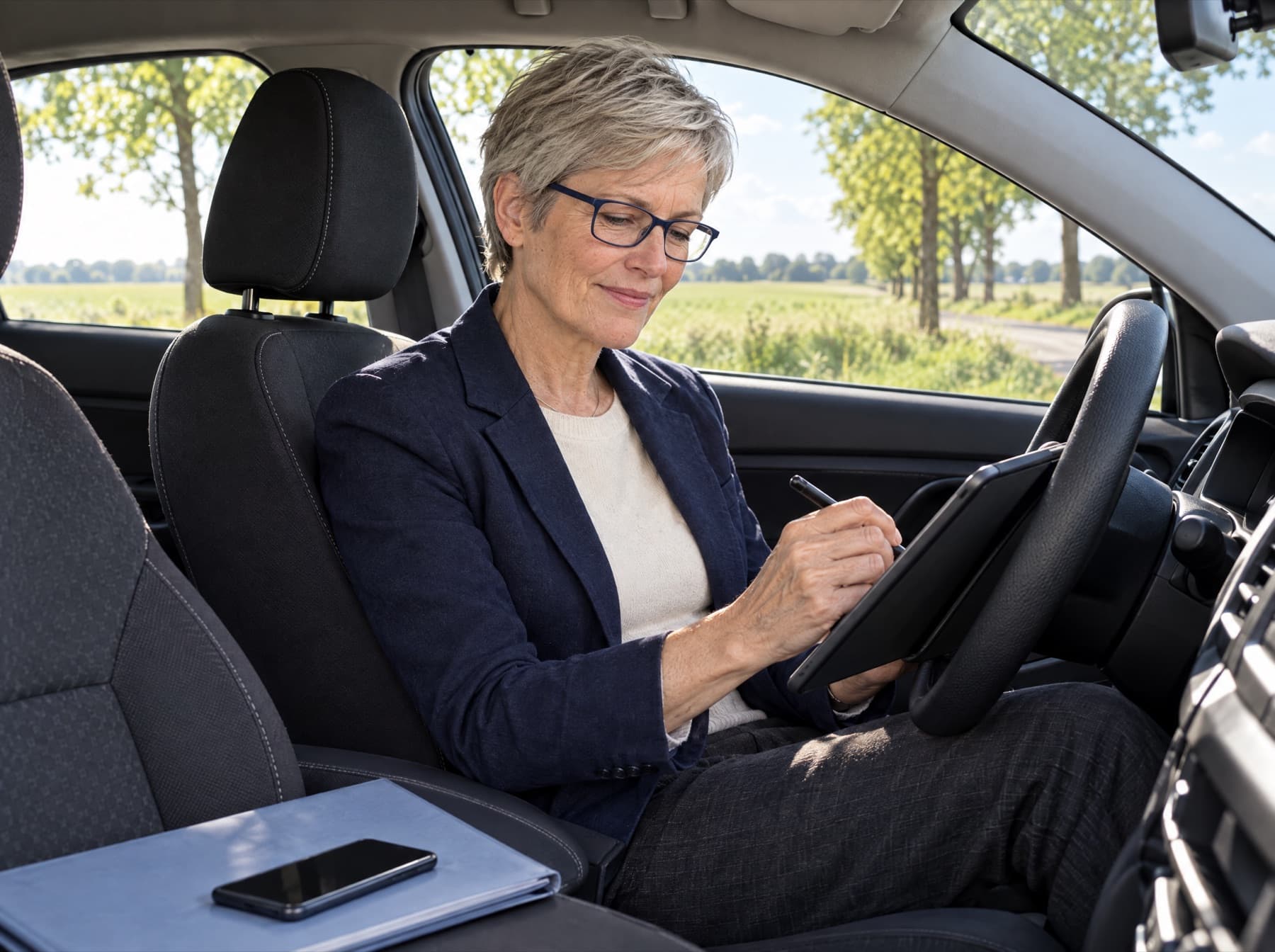 Eine Case Managerin sitzt im geparkten Auto an einer Landstraße und schreibt eine Notiz auf dem Tablet.